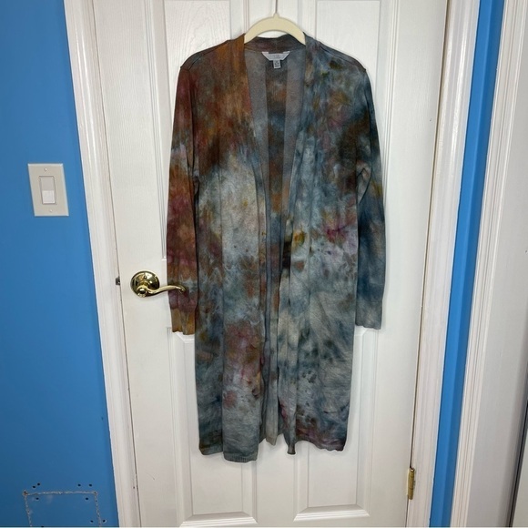 Tie dye cardigan duster brown gray steel ice open front long sleeve jacket M - Picture 2 of 11